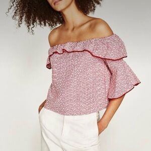 Zara Off the Shoulder Ruffle Top Red & White Patriotic 4th of July Striped